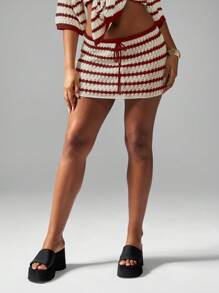 MISSGUIDED Luxury Crochet Mini Skirt With Boho Knitted Drawstring A Line Style Fashion Y2K Streetwear Casual Beach Spring Summer Christmas - Red - View 1