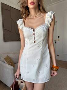 Pariaura Vestito estivo elegante da donna con colore unito, ricamo traforato, modello mini - Bianco - Visualizzare 1