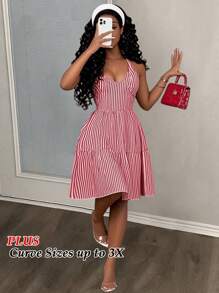 Slaydiva 复古红色条纹连衣裙，经典复古生日派对服装 - 彩色 - 查看 2