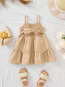 SHEIN Vestido sin mangas holgado de textura color caqui para bebé niña en vacaciones de verano - Caqui - Ver 3