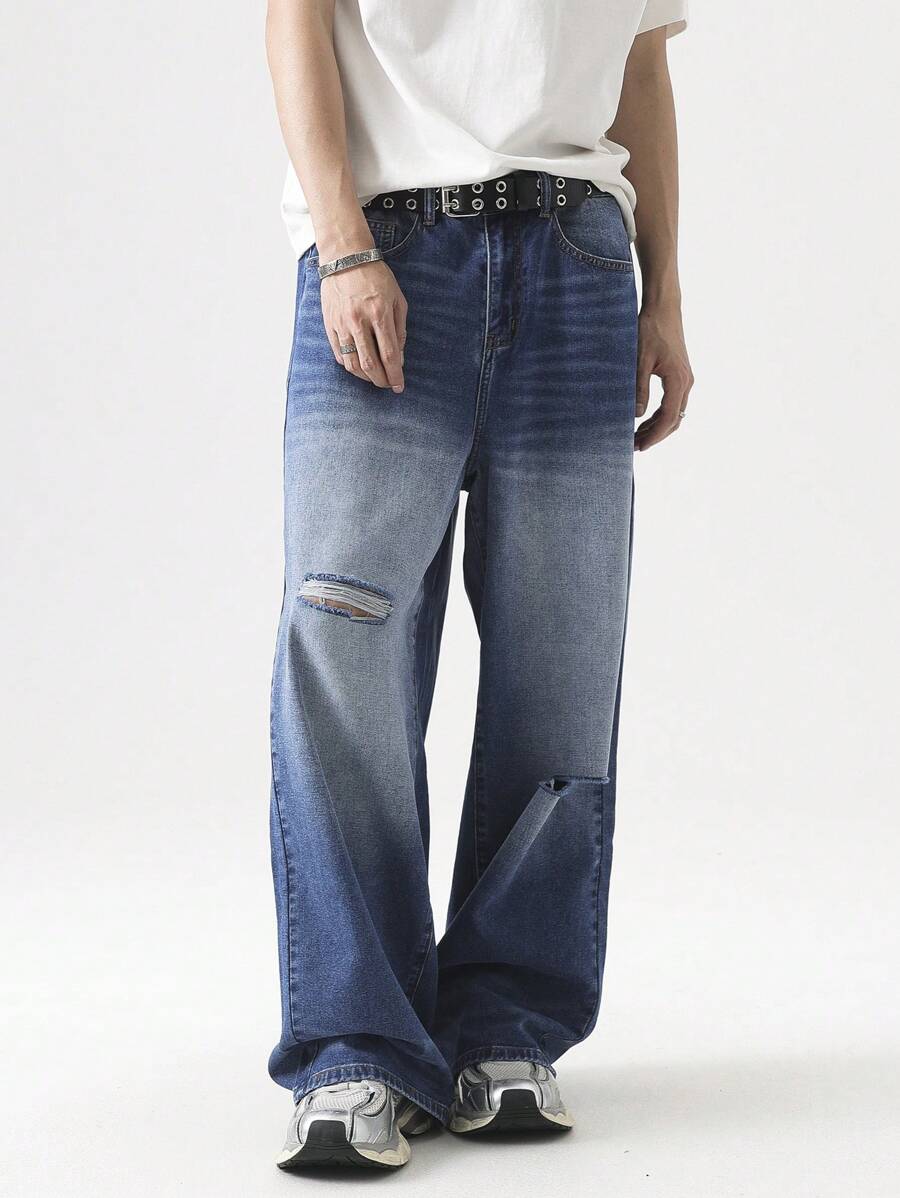 Chillumni Lässige, gerade, locker sitzende Jeans mit Used-Look und Taschen für Herren, vielseitiges, Baggy-Jeans-Design für Männer - Mittele Waschung - Übersicht 1
