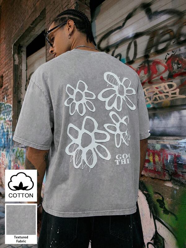 Manfinity Streetrush Tricou casual pentru bărbați, de vară, cu imprimeu floral și litere, guler rotund, mânecă scurtă