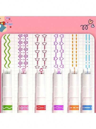 Creative 6-Color Border Pen With Wave Shape And Fluorescent Ink For Diy Projects And Marking Curves, Multipurpose For School And Office, Random Color Back To School