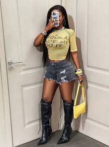 BamGleam Women's Summer Sexy Slogan Print Semi-Sheer Cropped T-Shirt - Multicolor - View 5