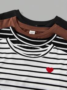 SHEIN Girlism 4 件套 Tween 女童休闲基本款修身圆领红心刺绣舒适弹力条纹纯色针织 T 恤，黑白条纹