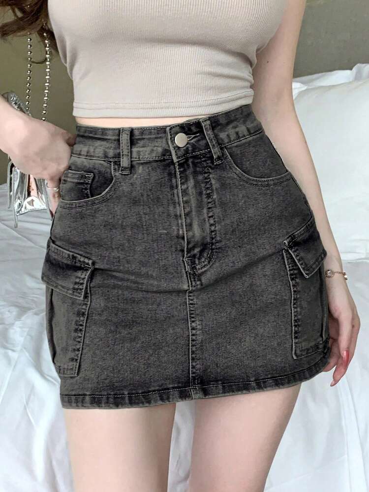 Vintage Washed Pocket Decor Women Bodycon Denim Mini Skirt Jeans Skirt