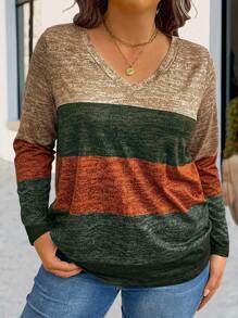 EMERY ROSE Plus Size Striped Contrast Color V-Neck Long Sleeve T-Shirt Women Tops For Spring Fall - Multicolor - View 1