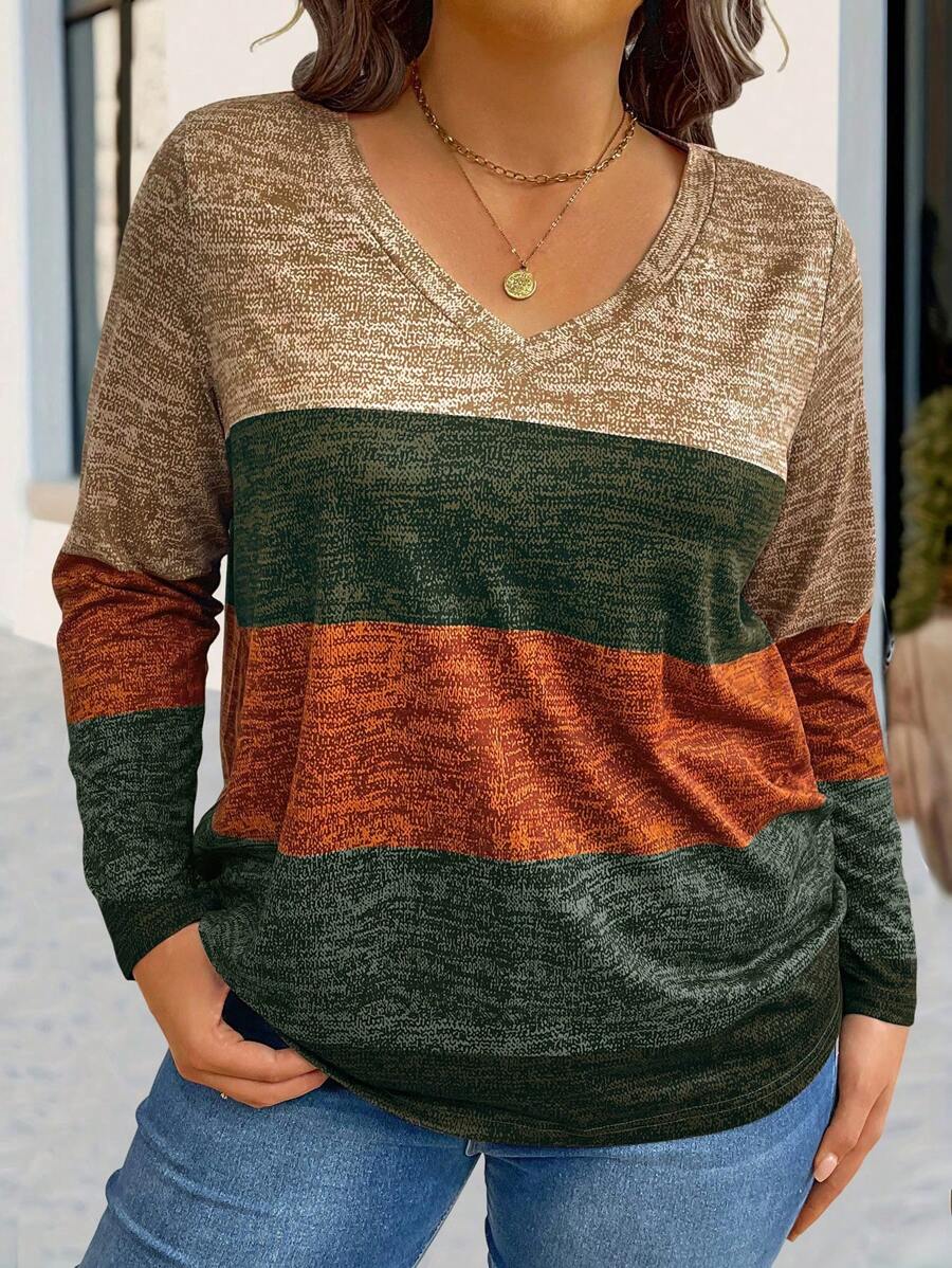 EMERY ROSE Plus Size Striped Contrast Color V-Neck Long Sleeve T-Shirt Women Tops For Spring Fall - Multicolor - View 1