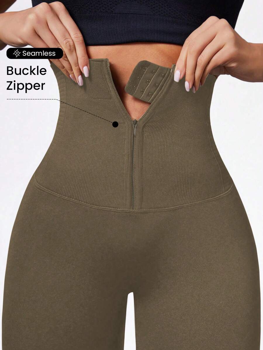 Easithlete Quần legging thể thao có khóa kéo có thể điều chỉnh liền mạch - xanh quân đội - Xem 1