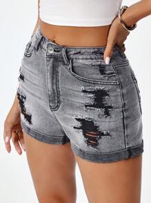 女式口袋做旧休闲百搭牛仔短裤 - 灰色 - 查看 5
