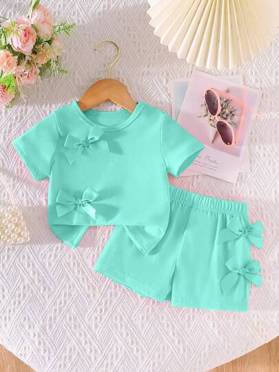 2pcs Baby Girls Casual Fashion Daily Crew Neck Raglan Short Sleeve Bow Decor Top And Elastic Waist Shorts Set Girls Clothes Set Teen Girl Shirts Rainbow Summer Sets Pride Short Sets For Baby Girl Baby Girl Summer Clothes Sets Sets For Baby Girls