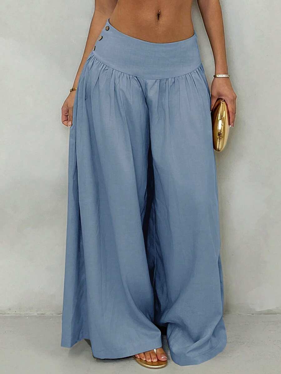 Glamine Quần ống rộng cạp trễ cổ điển có hiệu ứng rủ, quần dài nữ dáng rộng thoải mái, quần áo thu cho nữ trở lại trường - Rửa nhẹ - Xem 1