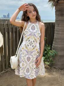 Teens Girls Casual Minimalist Vintage Bohemian Floral Print Cami Dress, Suitable For Summer