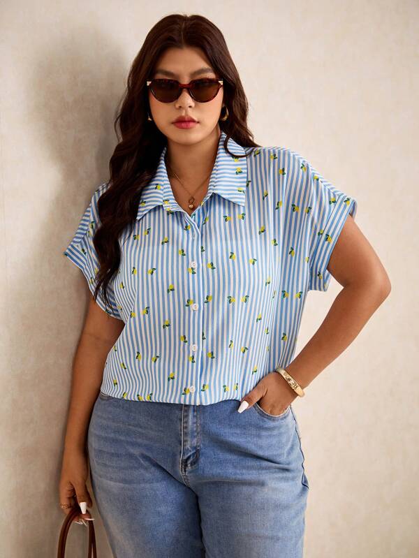 Elaquor Blusenshirt für Damen in Große Größen mit Sommerblumen- und Streifenmuster, Fledermausärmel, Einzelknopfleiste, lässiger Stil
