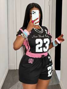 Slaydiva Conjunto de 2 piezas nuevo para primavera/verano, talla grande, estilo callejero, casual, diario, deportivo, con estampado gráfico del número 23 y tela texturizada, camiseta corta de cuello redondo y shorts, estilo Y2K - Negro - Ver 6