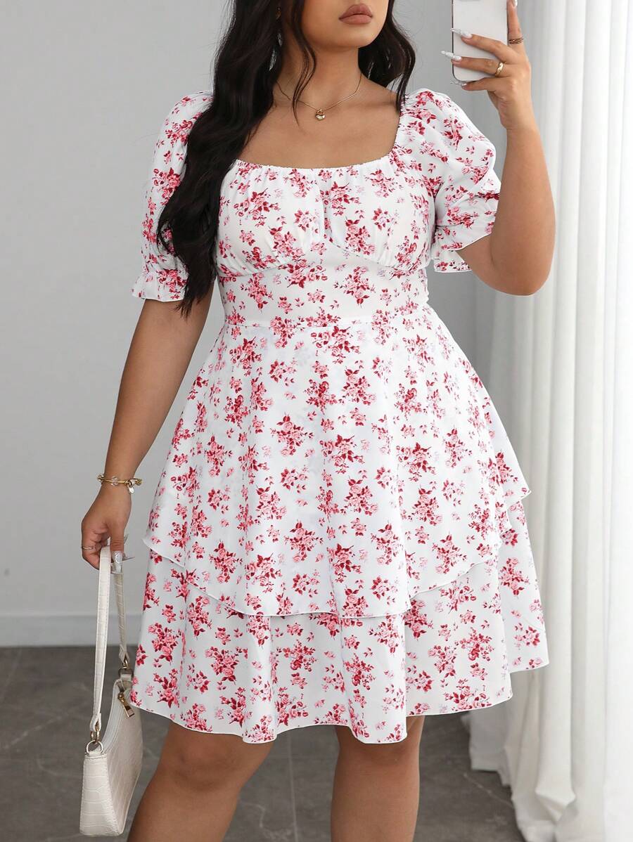 SHEIN MOOSTA 大码女式法式优雅蓝白花卉印花双层荷叶边短袖连衣裙，夏季女式短裙，夏季工作连衣裙，大码女式连衣裙，夏季女装，女装 - 紅白色 - 查看 1