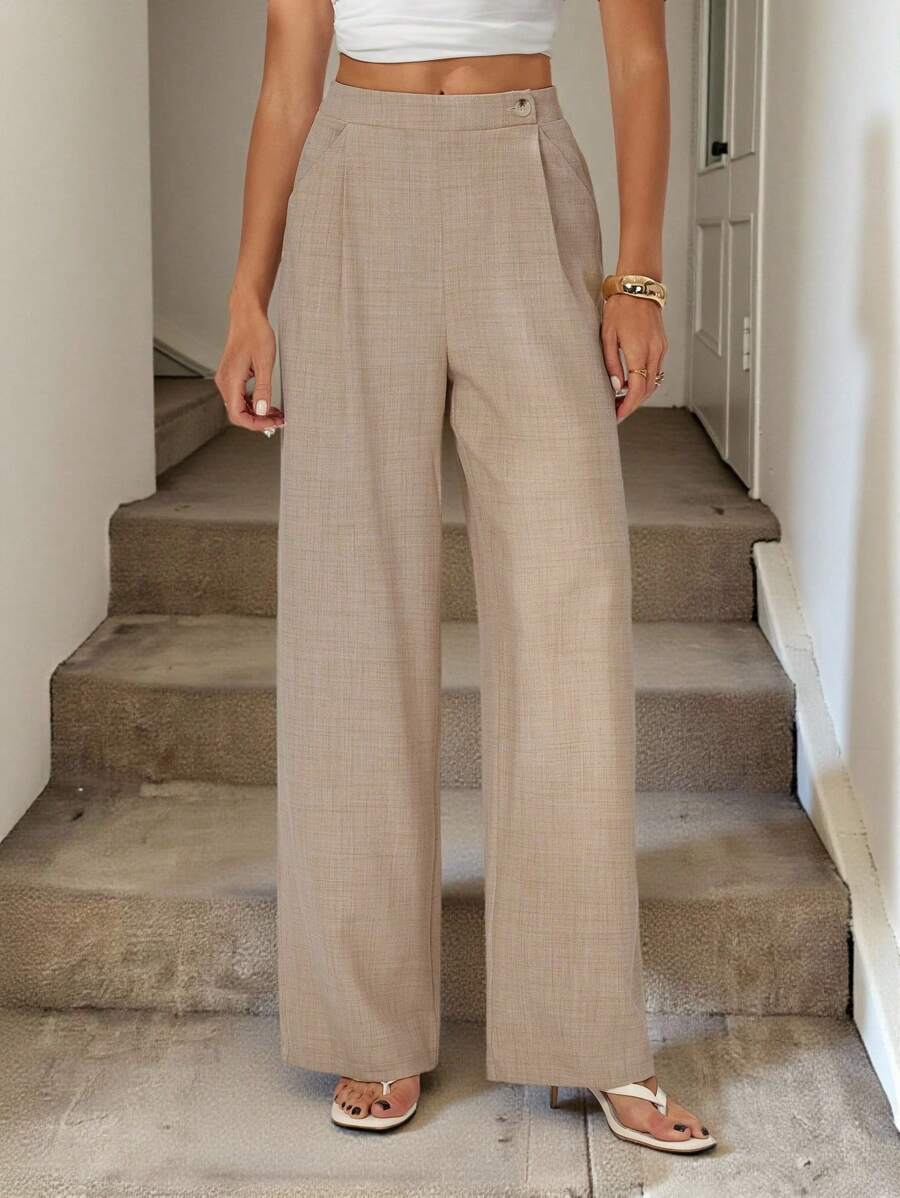 SHEIN Tall 女士纯色褶皱口袋阔腿宽松休闲裤，宽松裤型，纹理面料，纽扣装饰，松紧腰带，适合日常穿着，春夏季 - 杏色 - 查看 1