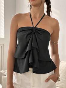 Áo ba lỗ cổ yếm bèo nhún viền trơn màu mùa hè cho nữ - màu đen - Xem 3