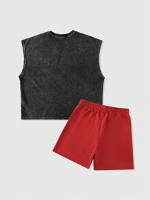 ROMWE MEN Street Life Men's Streetstyle Graphic Print Washed Tank Top Set - Black - View 2
