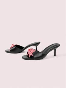 CUCCOO DOLLMOD Black PU + Red & White Plaid Bow Cherry Detail Stylish Cute Slip-On Closed Toe High Heel Sandals