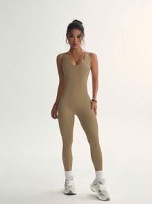SHEIN Sports 女式纯色露背无袖无缝连体运动裤 - 卡其色 - 查看 8