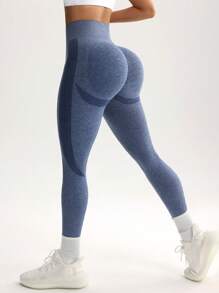 Easithlete 女式高腰无缝紧身裤 - 修身收腹提臀紧身裤，适合跑步、骑行、瑜伽、泡菜球运动、休闲 - 藍色 - 查看 3