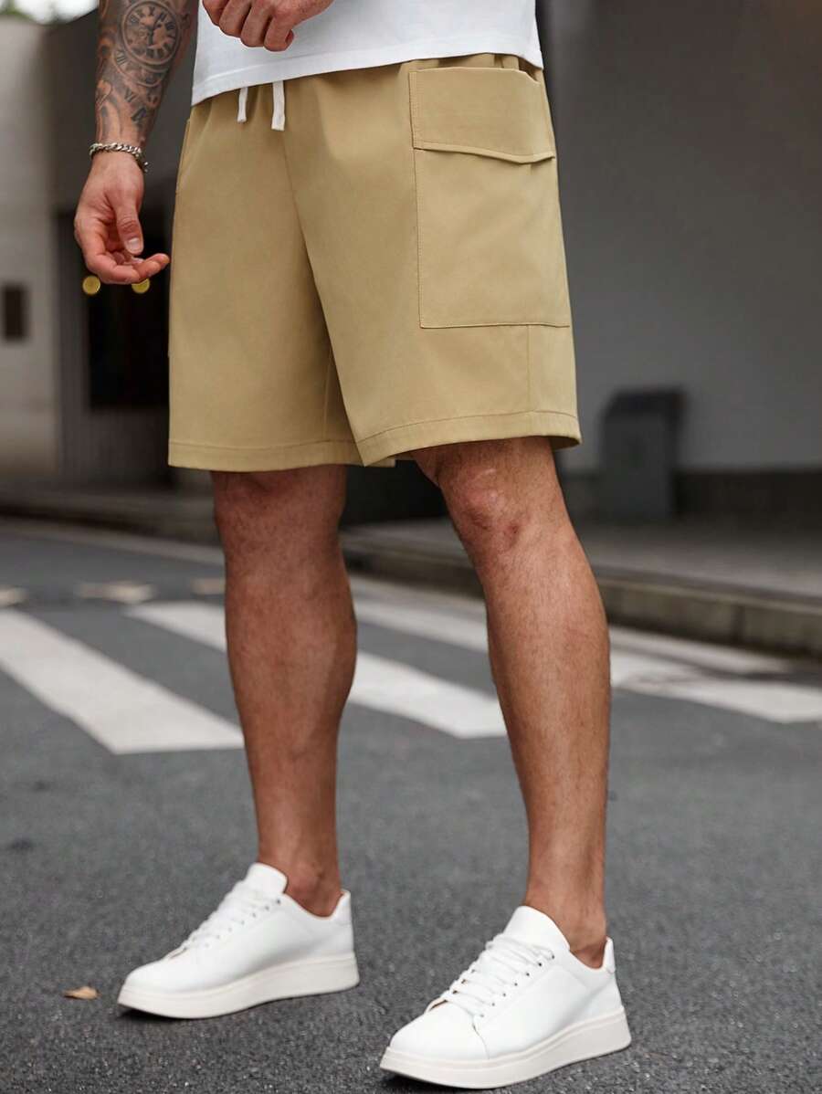 Manfinity Homme Quần short mùa hè cỡ lớn cho nam, thiết kế có túi và dây rút - Màu Khaki - Xem 1