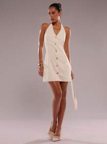 SHEIN BAE 女式性感前扣露背吊带连衣裙，夏季 - 杏色 - 查看 3