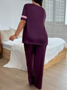 Conjunto de pijama de talla grande con estampado de letras y números, top y pantalones casuales - Morado - Ver 2