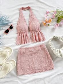 Soleia 两件套黄色纹理面料拼接荷叶边露背裹腰女式度假/派对夏季服装，适合音乐节，波西米亚风格 - 粉色 - 查看 5
