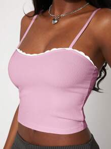 NYA SZN Atasan Camisole Bergaris dengan Hiasan Renda untuk Musim Panas, Gaya Preppy untuk Wanita - Berwarna merah muda - View 3