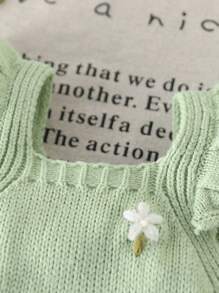 SHEIN Vintaside Kids 女婴花朵刺绣针织连体衣，优雅百搭，适合日常穿着、室内、户外和旅行，春夏季 - 綠色 - 查看 4