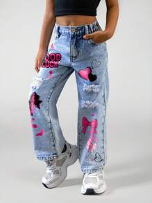 Young Girls Loose Fit Distressed Blue Denim Pants,Heart & Bow Print Summer Back-To-School Cute Graphic Distressed Jeans,Y2K Vintage Washed Ripped - Light Wash - View 4