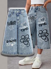 SHEIN 少女时尚休闲Y2K笑脸花朵图案蓝色阔腿七分牛仔裤，适合少女、男孩、男孩、日常穿着以及少女春夏派对、节日和海滩穿着。 - 藍色 - 查看 7