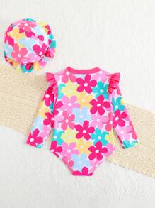 SHEIN 女婴碎花印花连体泳衣，度假/沙滩泳衣，女婴泳装，女童泳衣，连体泳衣，防紫外线 - 彩色 - 查看 2