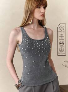 Arave Áo ba lỗ cổ tròn đính đinh tán thêu gân mới mùa hè cho nữ, co giãn, gợi cảm - Xám - Xem 1