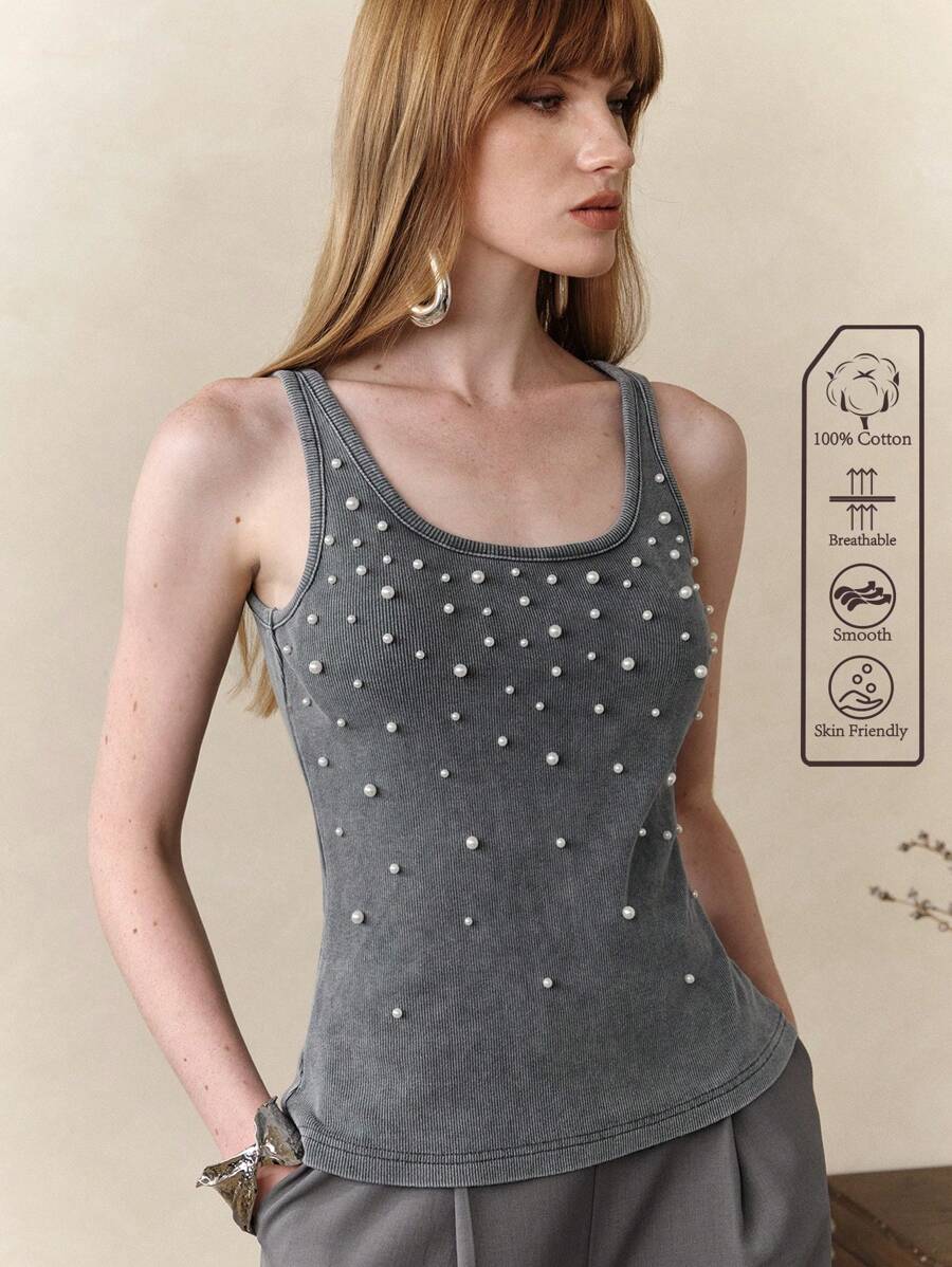 Arave Áo ba lỗ cổ tròn đính đinh tán thêu gân mới mùa hè cho nữ, co giãn, gợi cảm - Xám - Xem 1