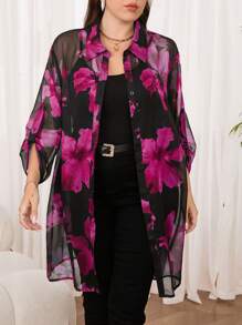 Reflora بلوزة شفافة مطبوعة بنقشة زهور أنيقة مقاس كبير