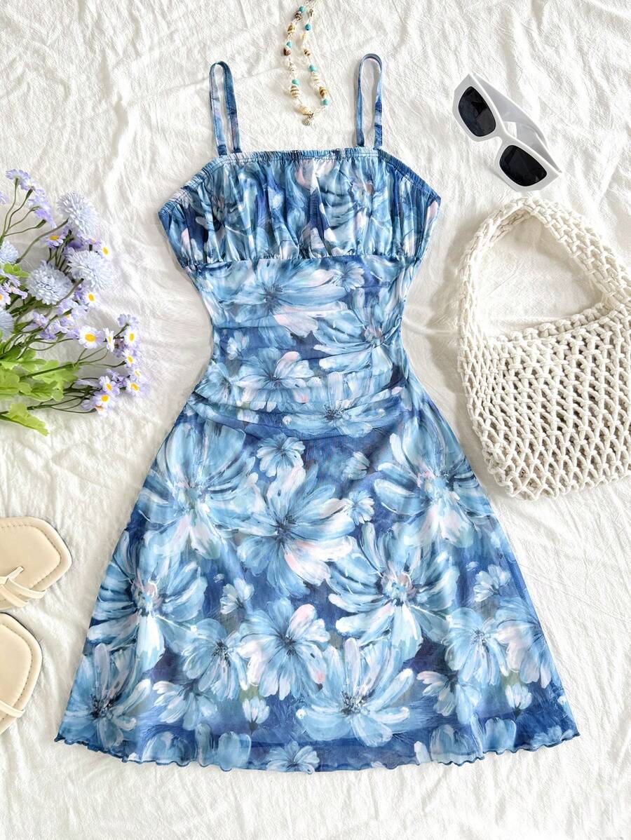 青少年女孩蓝白水彩印花领结前部装饰连衣裙，适合节日 - 藍白色 - 查看 1