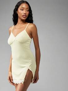 MISSGUIDED Ribbed Knit Night Dress Sleeveless Lace Trim Loungewear Nightgown Slip Dress Sleepwear With Side Slit Evening Comfort Wear - Yellow - View 1