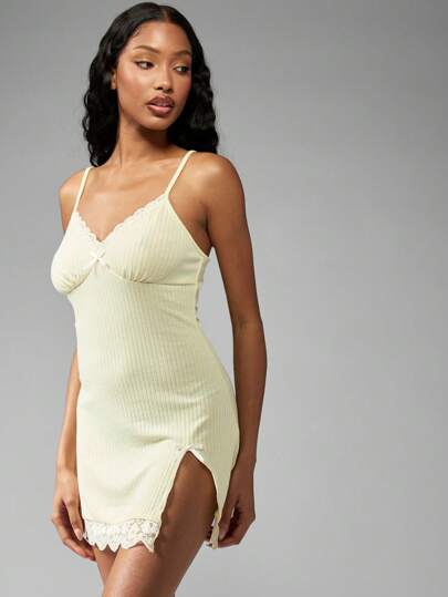 MISSGUIDED Sleeveless Lace Trim Ribbed Knit Sleep Dress With Side Slit MISSGUIDED