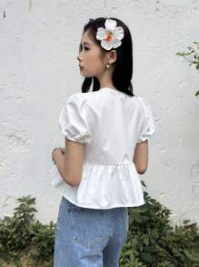 SHEIN 少女休闲简约舒适圆领泡泡袖格子蝴蝶结衬衫