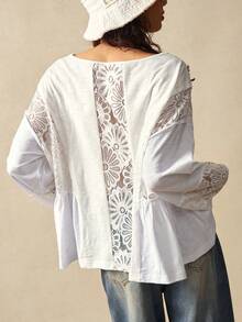 Bohemela 休闲纯色针织蕾丝花边V领落肩长袖女式上衣 - 白色 - 查看 2