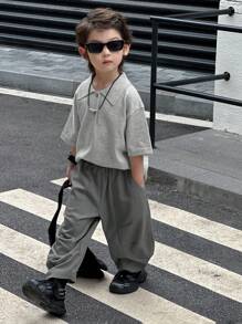 Dazy Kids Kids Fall 2-Piece Outfit - Collared Short Sleeve Thin Sweater & Pants Set, Summer - Grey - View 4