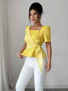 Elenzga Blusa veraniega elegante y exquisita con cintura ajustable de jacquard para mujeres - Amarillo - Ver 4