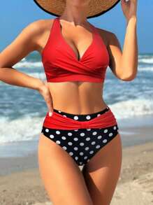 Swim Lushoire Summer Beach Vacation Polka Dot Print Cross Front Halter 2 Pieces Set, Popular High