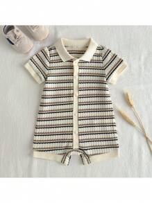 Loomiva Baby Boy Colorful Striped Knit Soft Collar Romper Shorts,Versatile And Comfortable Summer Polo Newborn Unisex - Multicolor - View 3