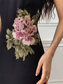 EastFlair 女士花卉印花纽扣设计中国风优雅长裙 - 黑色 - 查看 5