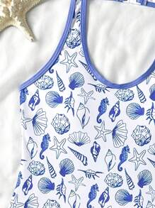 Conjunto de 2 piezas de traje de baño para niña preadolescente con estampado de conchas y caballitos de mar, incluye top halter y pantalón corto de cubrir, para el verano