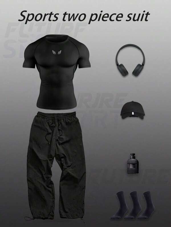 Manfinity Sport Corelite Men's Short Sleeve T-Shirt And Pants Casual Sports Suit Workout Set Gym Top Fall Breathable